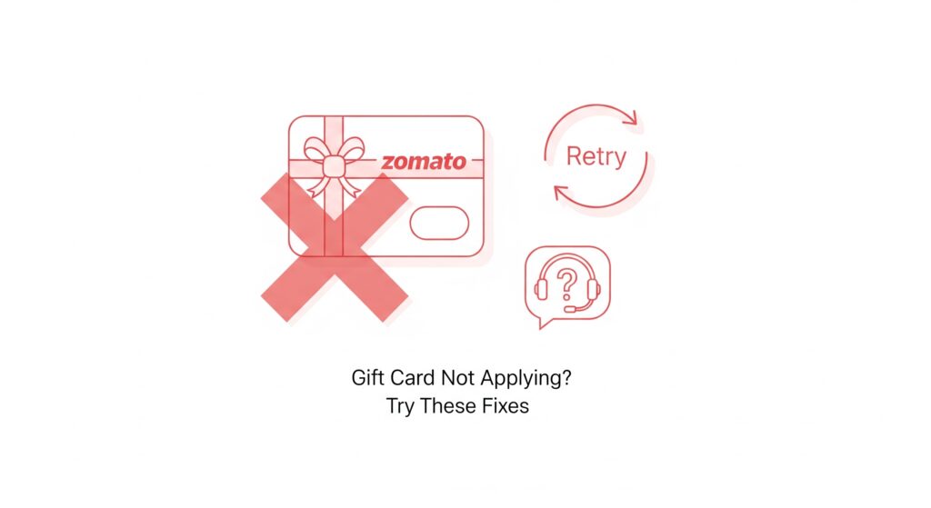 Modern blog image showing a person checking a smartphone with digital gift cards and warning icons, symbolizing fixing Zomato gift card application problems.