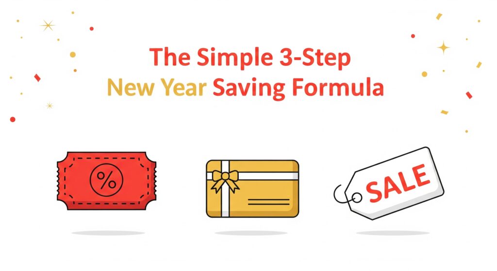 Illustration showing a simple 3-step New Year saving formula to spend less and save more