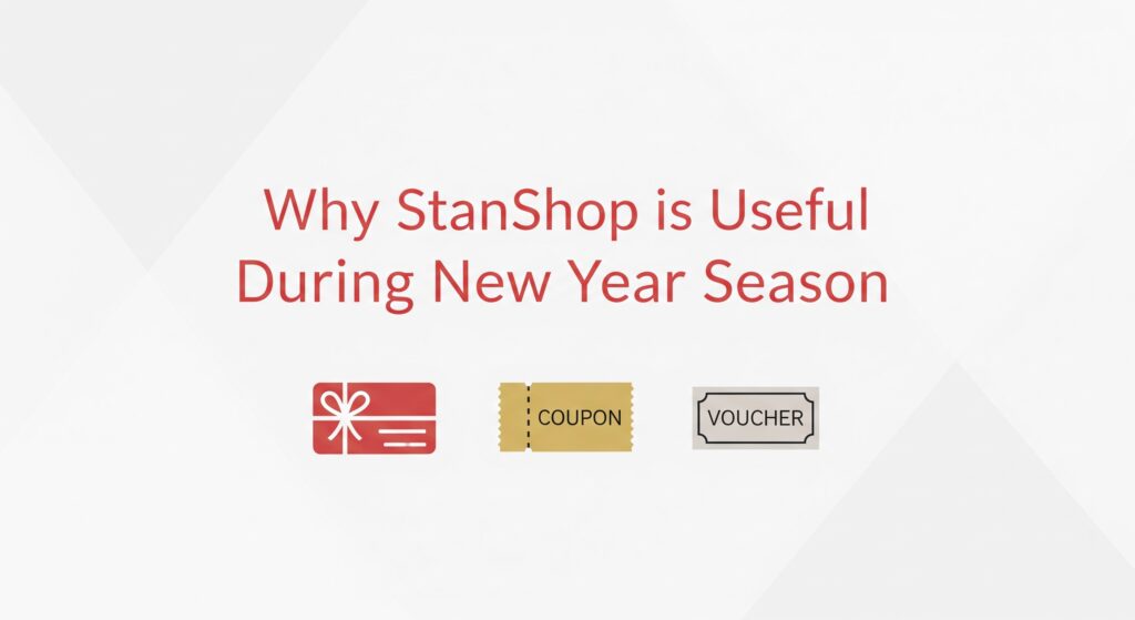 Illustration showing how StanShop helps you save money during the New Year season using discounted gift cards
