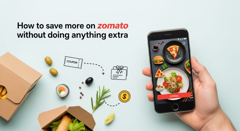 Modern blog image showing food items, a mobile device with digital gift card visuals, and icons for savings, symbolizing easy ways to save on Zomato orders