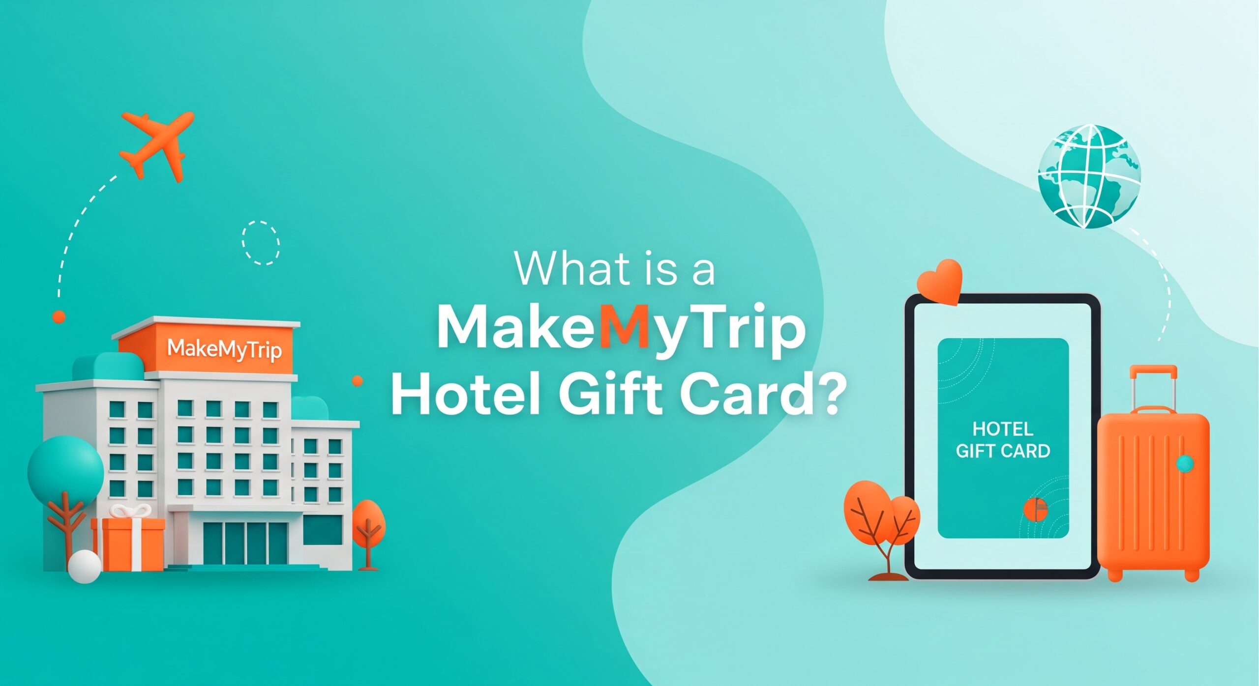 Digital hotel gift card with MakeMyTrip branding, travel icons, and luggage, representing a guide on how to use MakeMyTrip hotel gift cards